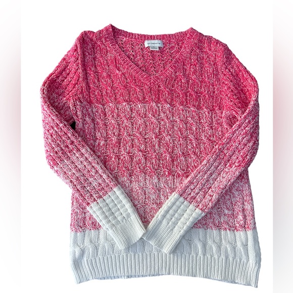LIZ CLAIBORNE CABLE KNIT V NECK SWEATER SIZE XL COTTON BLEND EUC PINK/WHITE - Picture 1 of 8